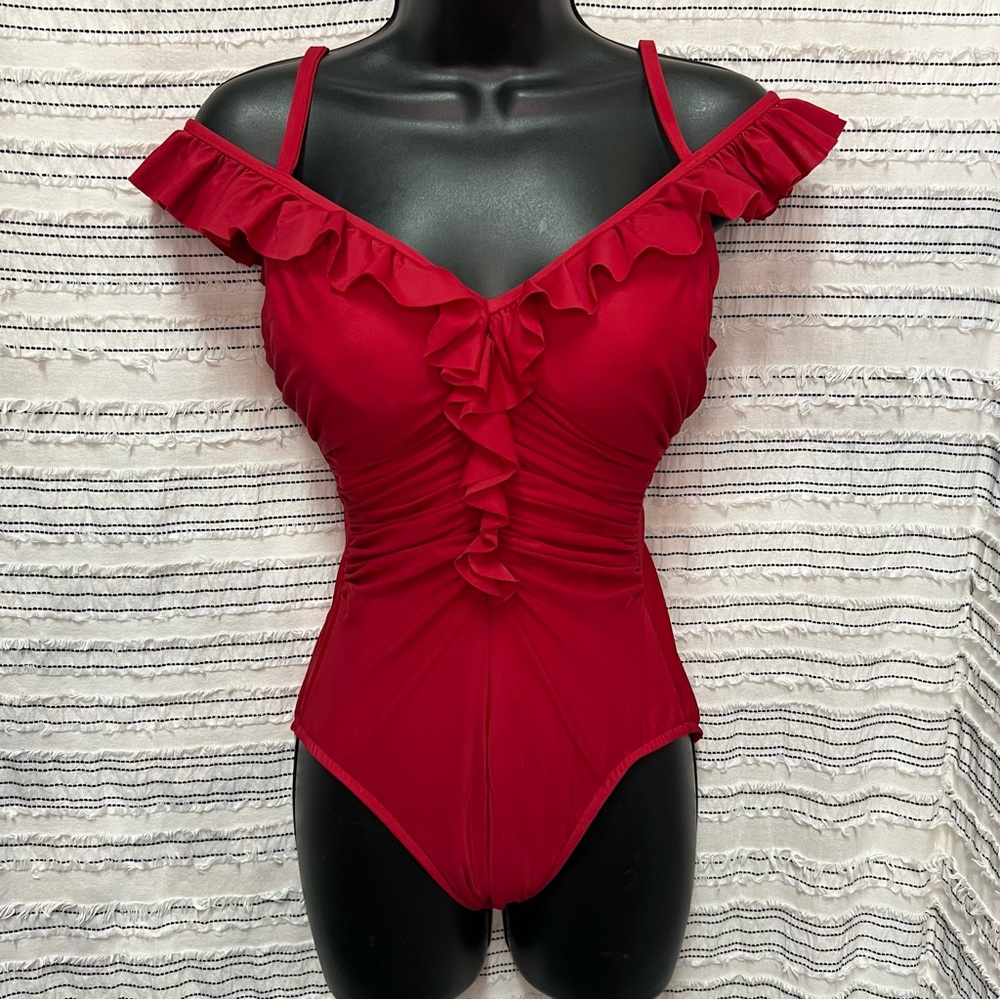 Magicsuit flattering ruffle off shoulder one piece shapewear swimsuit Sz 10 red